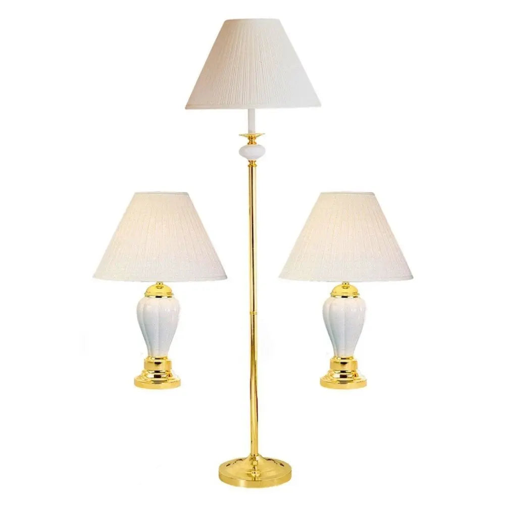 Set Of Three 64" Gold and White Ceramic Bedside Floor and Table Lamp Set With Off White Empire Shade HomeRoots