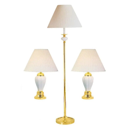 Set Of Three 64" Gold and White Ceramic Bedside Floor and Table Lamp Set With Off White Empire Shade HomeRoots