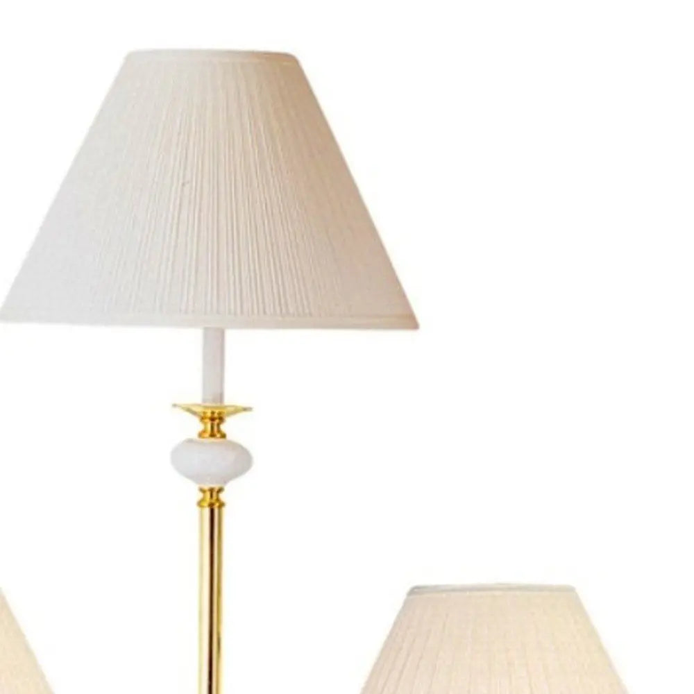 Set Of Three 64" Gold and White Ceramic Bedside Floor and Table Lamp Set With Off White Empire Shade HomeRoots