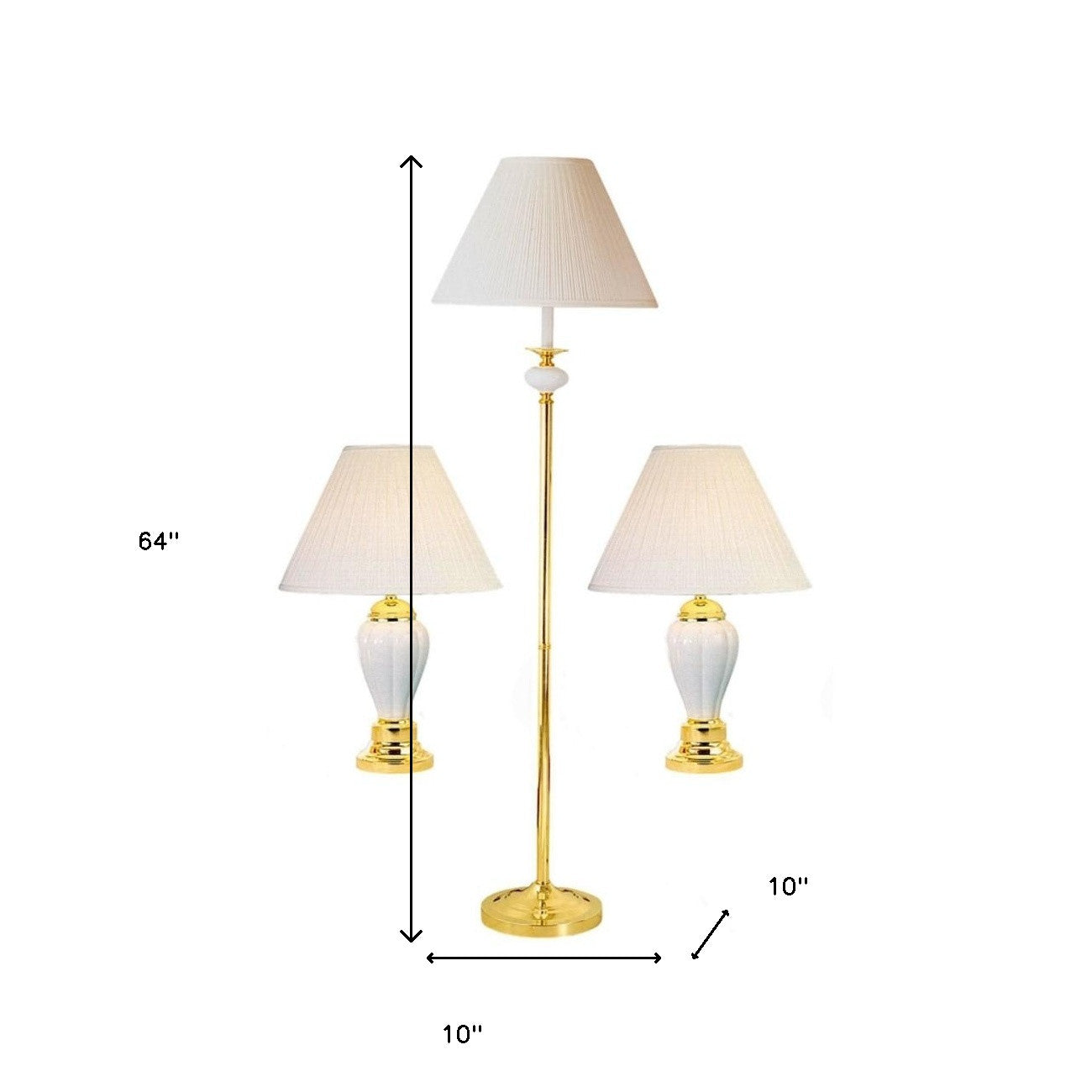 Set Of Three 64" Gold Ceramic Bedside Floor and Table Lamp Set With Black Empire Shade