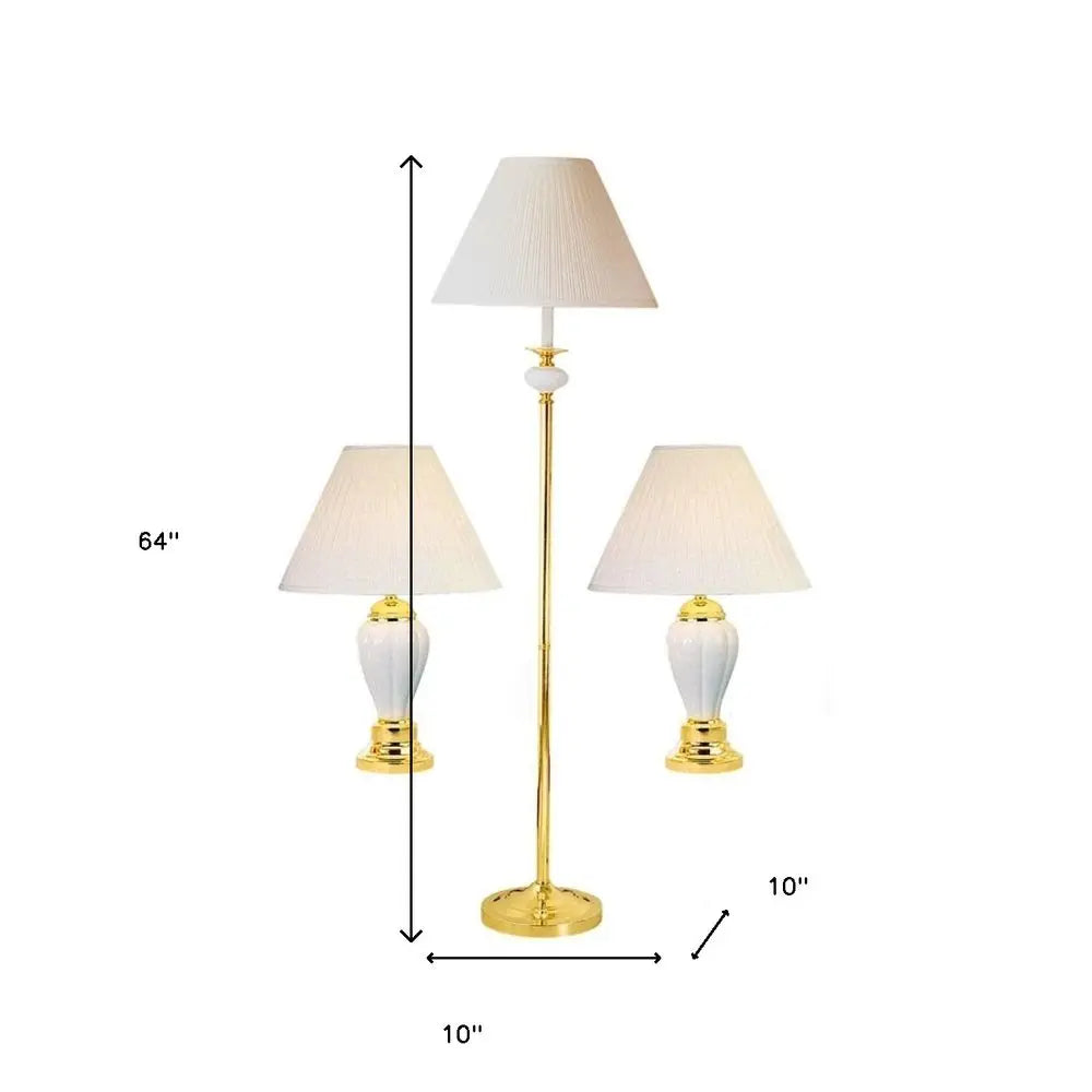 Set Of Three 64" Gold and White Ceramic Bedside Floor and Table Lamp Set With Off White Empire Shade HomeRoots