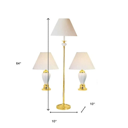 Set Of Three 64" Gold and White Ceramic Bedside Floor and Table Lamp Set With Off White Empire Shade HomeRoots