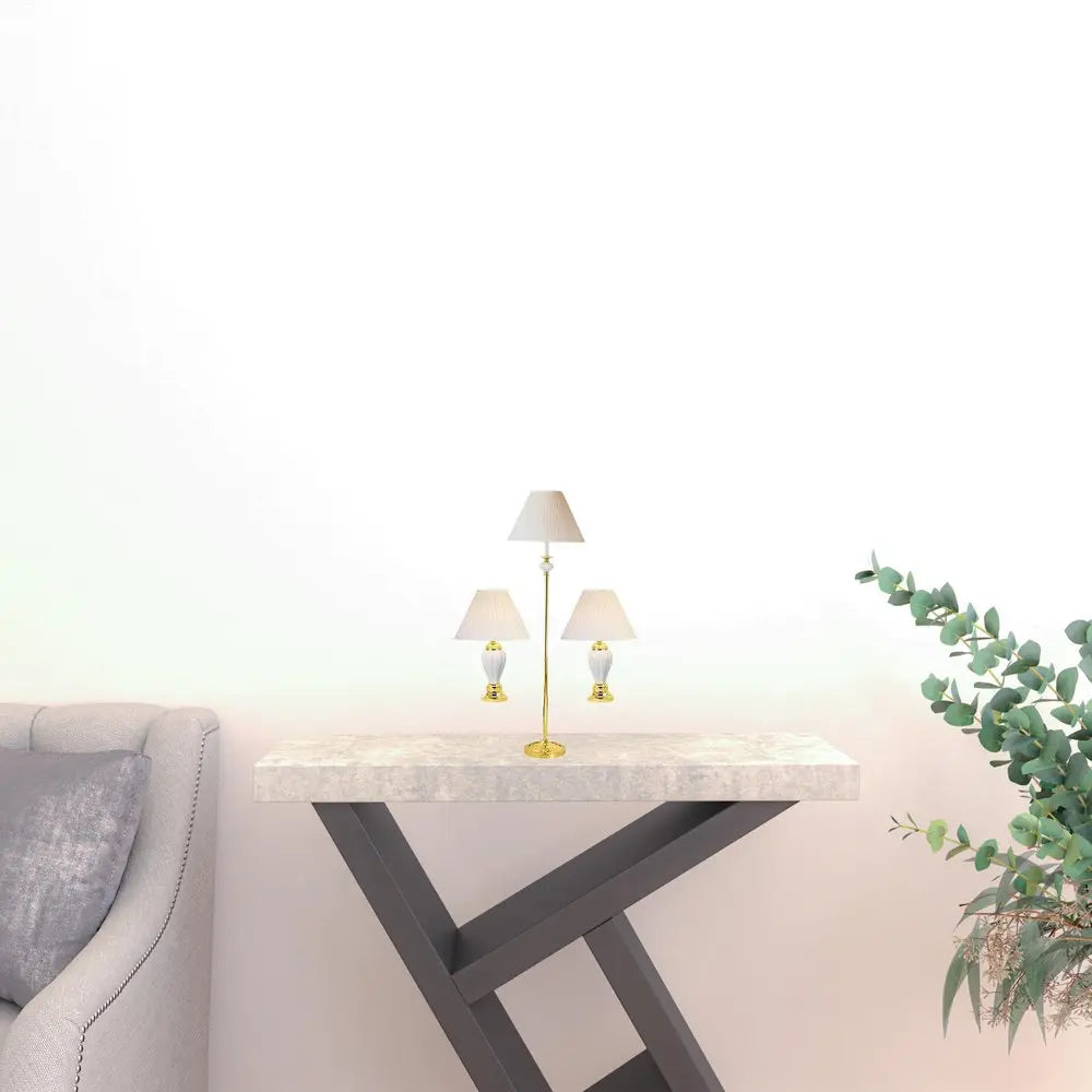 Set Of Three 64" Gold and White Ceramic Bedside Floor and Table Lamp Set With Off White Empire Shade HomeRoots