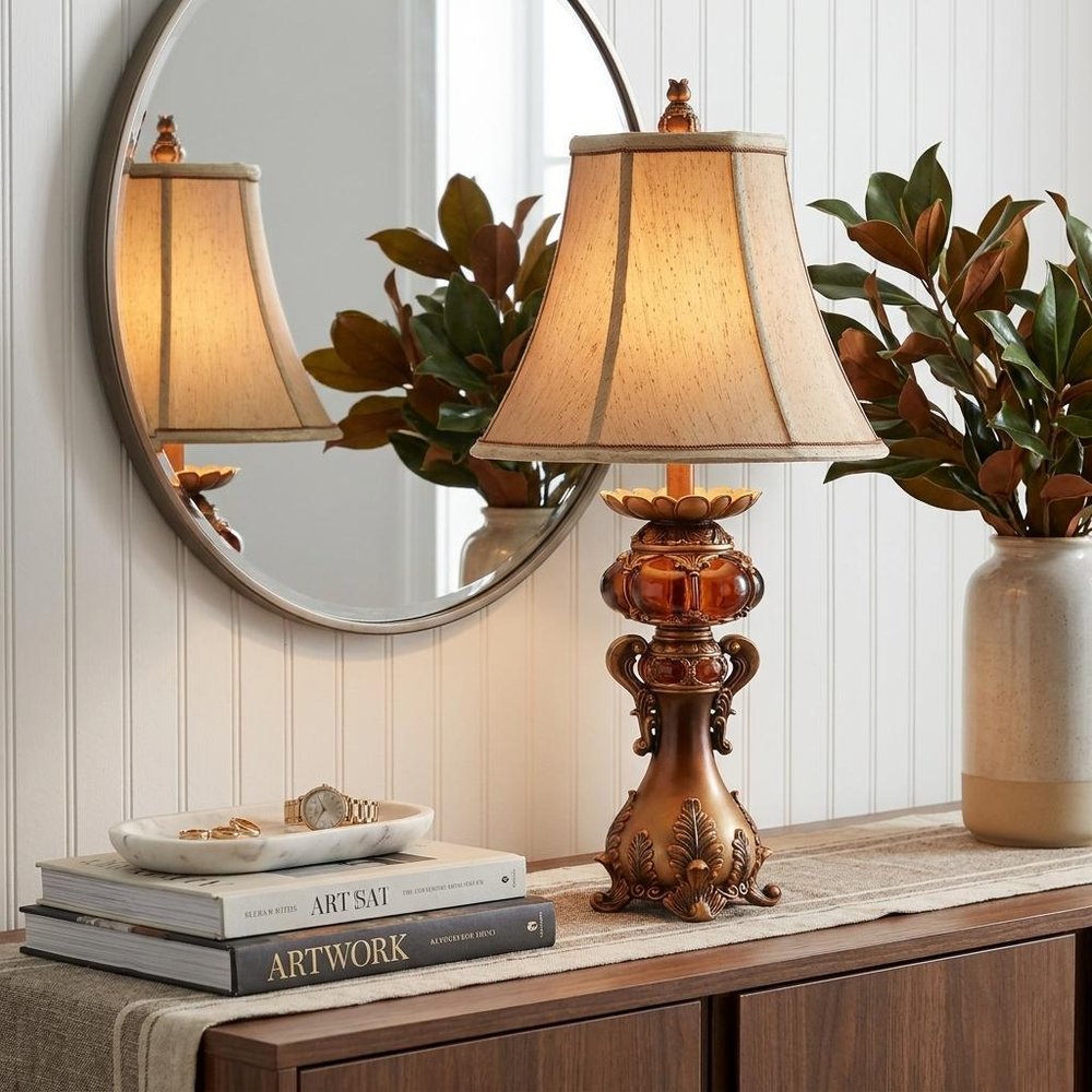 Antique Inspired Table Lamp with Linen Lamp Shade HomeRoots