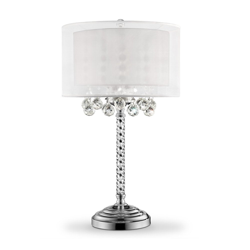30" Silver Metal And Faux Crystal Three Light Table Lamp With White Drum Shade HomeRoots