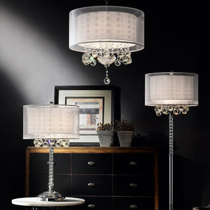 30" Silver Metal And Faux Crystal Three Light Table Lamp With White Drum Shade HomeRoots