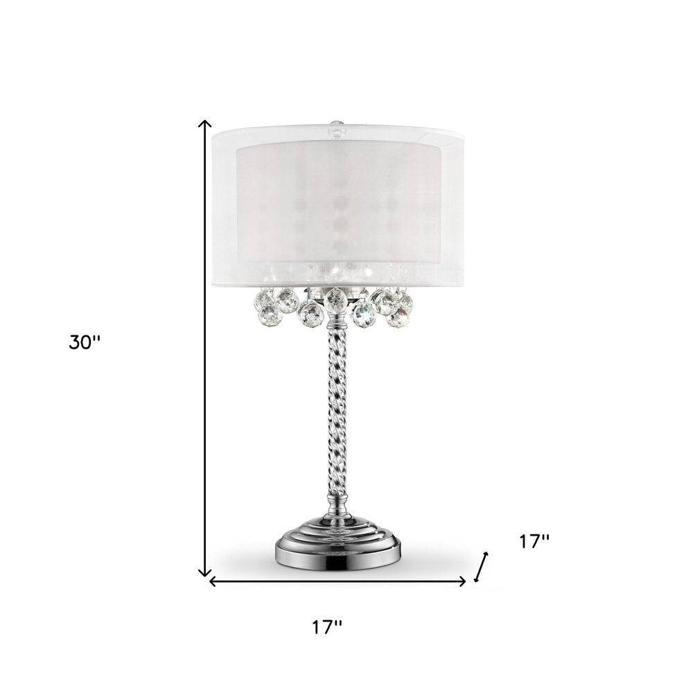 30" Silver Metal And Faux Crystal Three Light Table Lamp With White Drum Shade HomeRoots