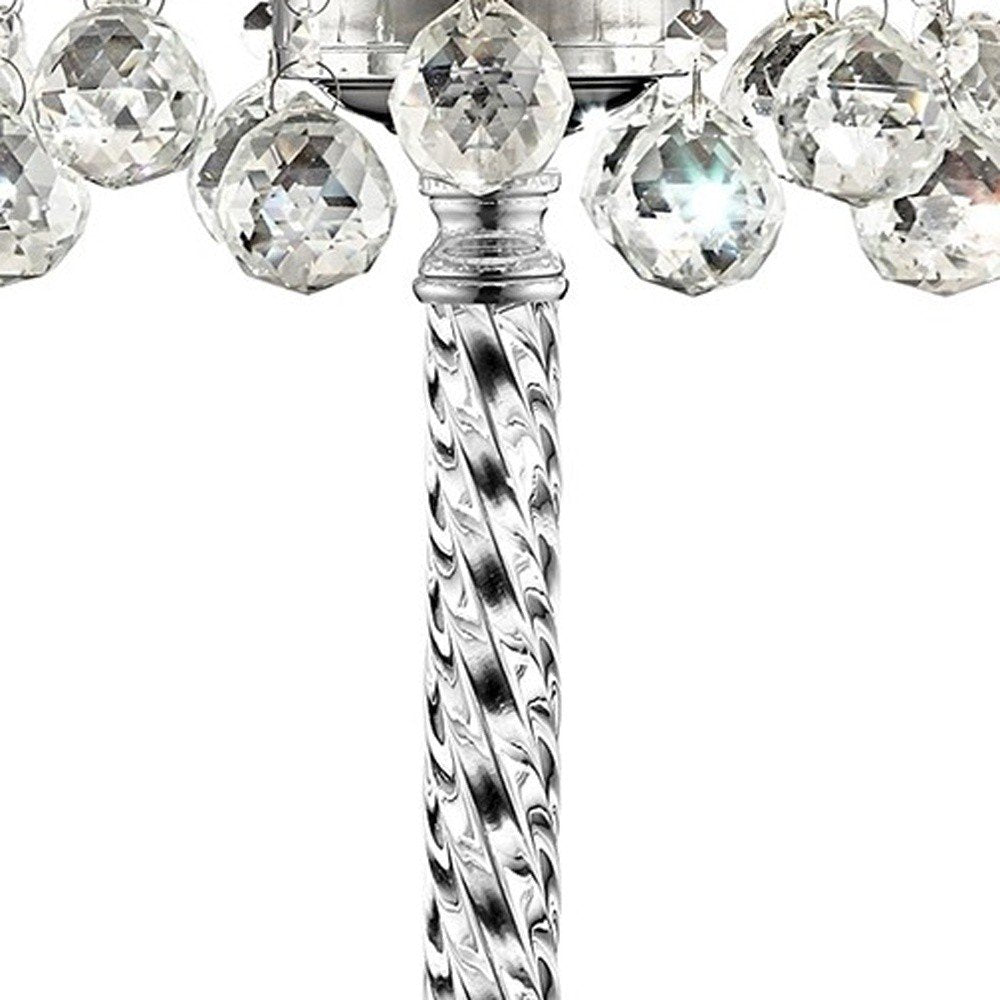 30" Silver Metal And Faux Crystal Three Light Table Lamp With White Drum Shade HomeRoots