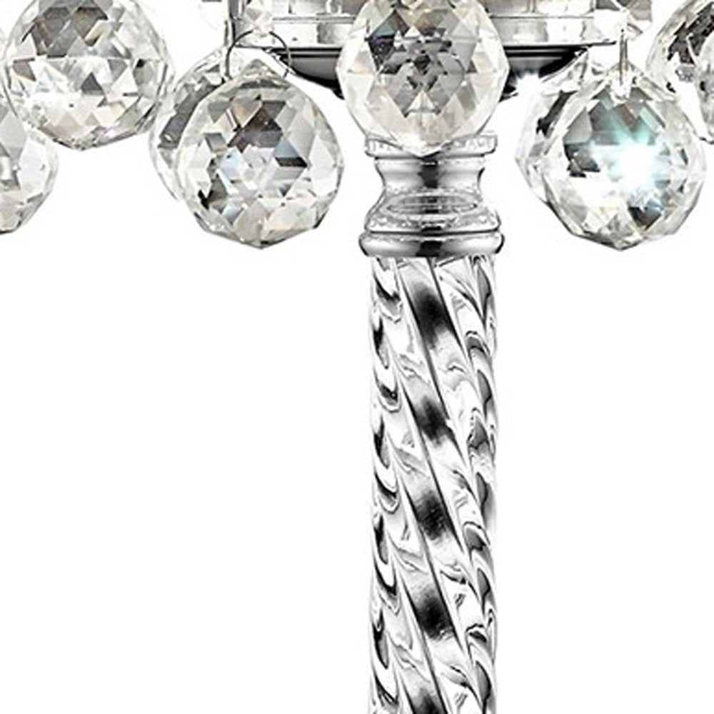 30" Silver Metal And Faux Crystal Three Light Table Lamp With White Drum Shade HomeRoots