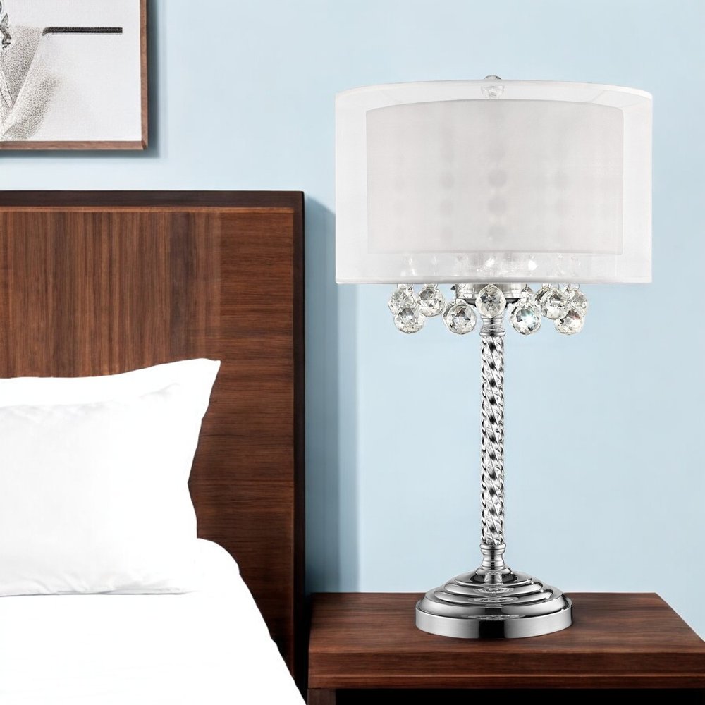 30" Silver Metal And Faux Crystal Three Light Table Lamp With White Drum Shade HomeRoots