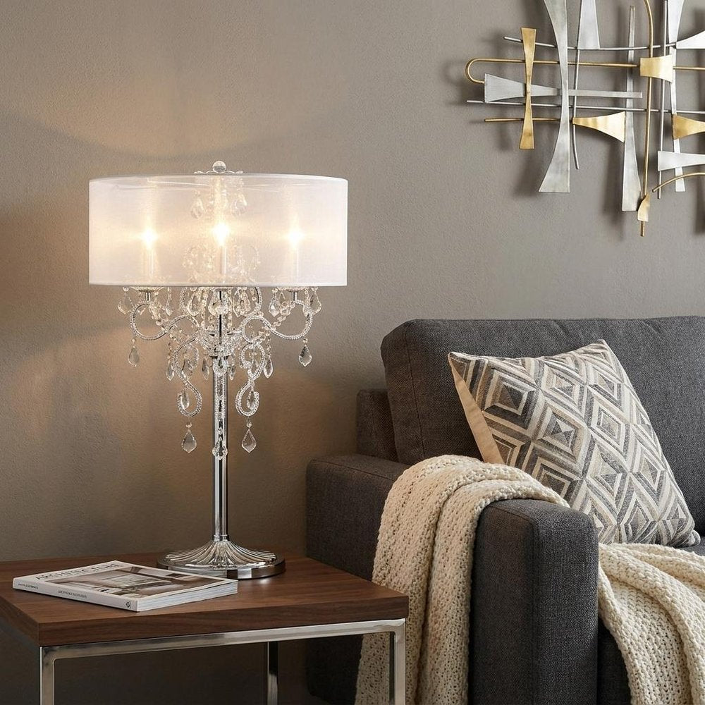 Glam Silver Faux Crystal Accent Table Lamp with See Thru Shade HomeRoots
