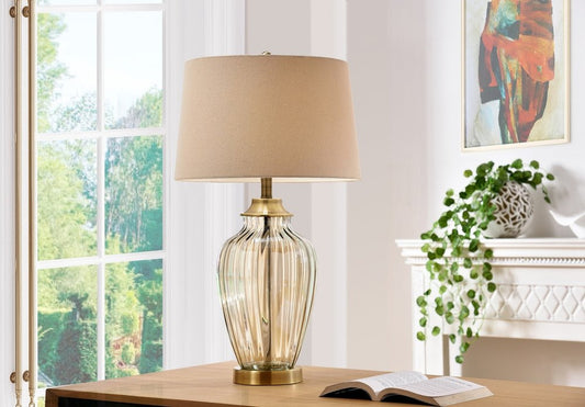 29" Bronze Metal Bedside Table Lamp With Tan Shade HomeRoots