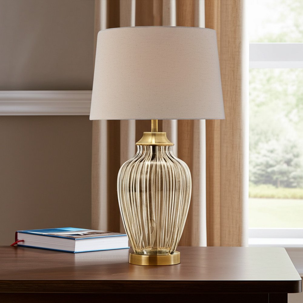 29" Bronze Metal Bedside Table Lamp With Tan Shade HomeRoots