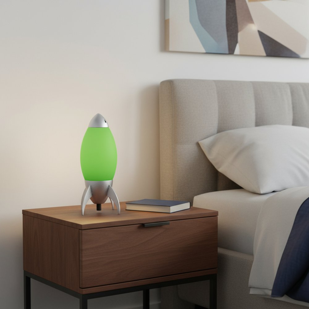11" Green And Silver Acrylic And Metal Rocket Shaped Bedside Lamp HomeRoots