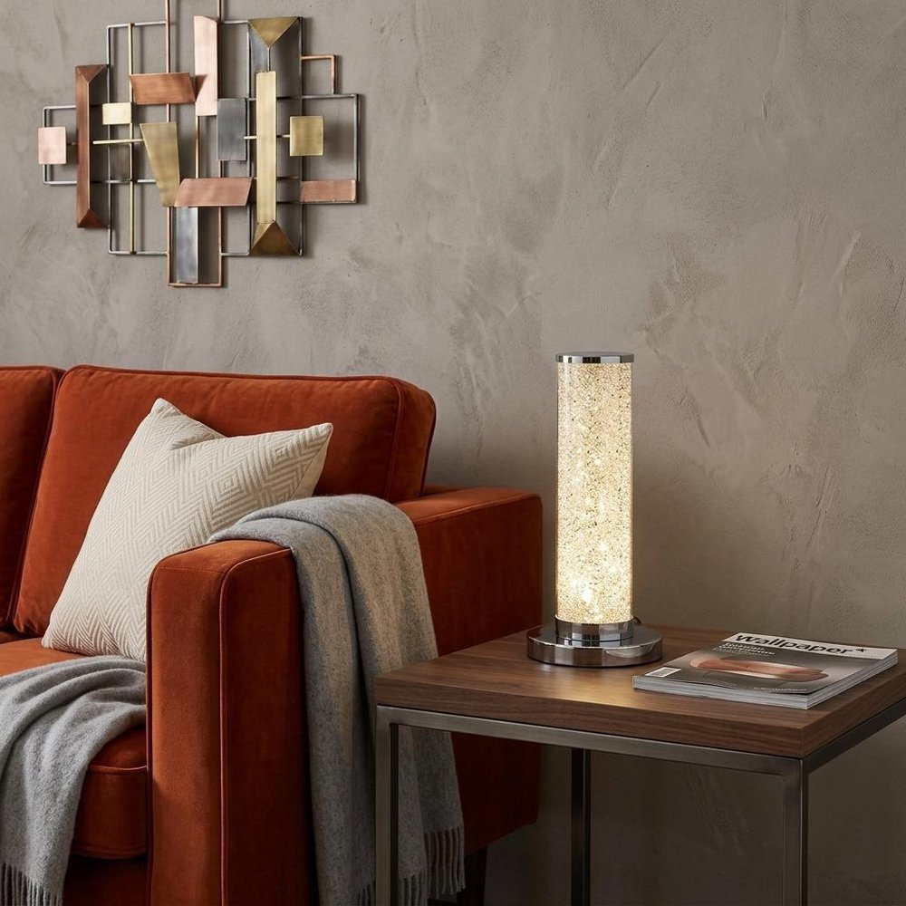 13” Modern White Sand Crystal And Steel Table Lamp HomeRoots