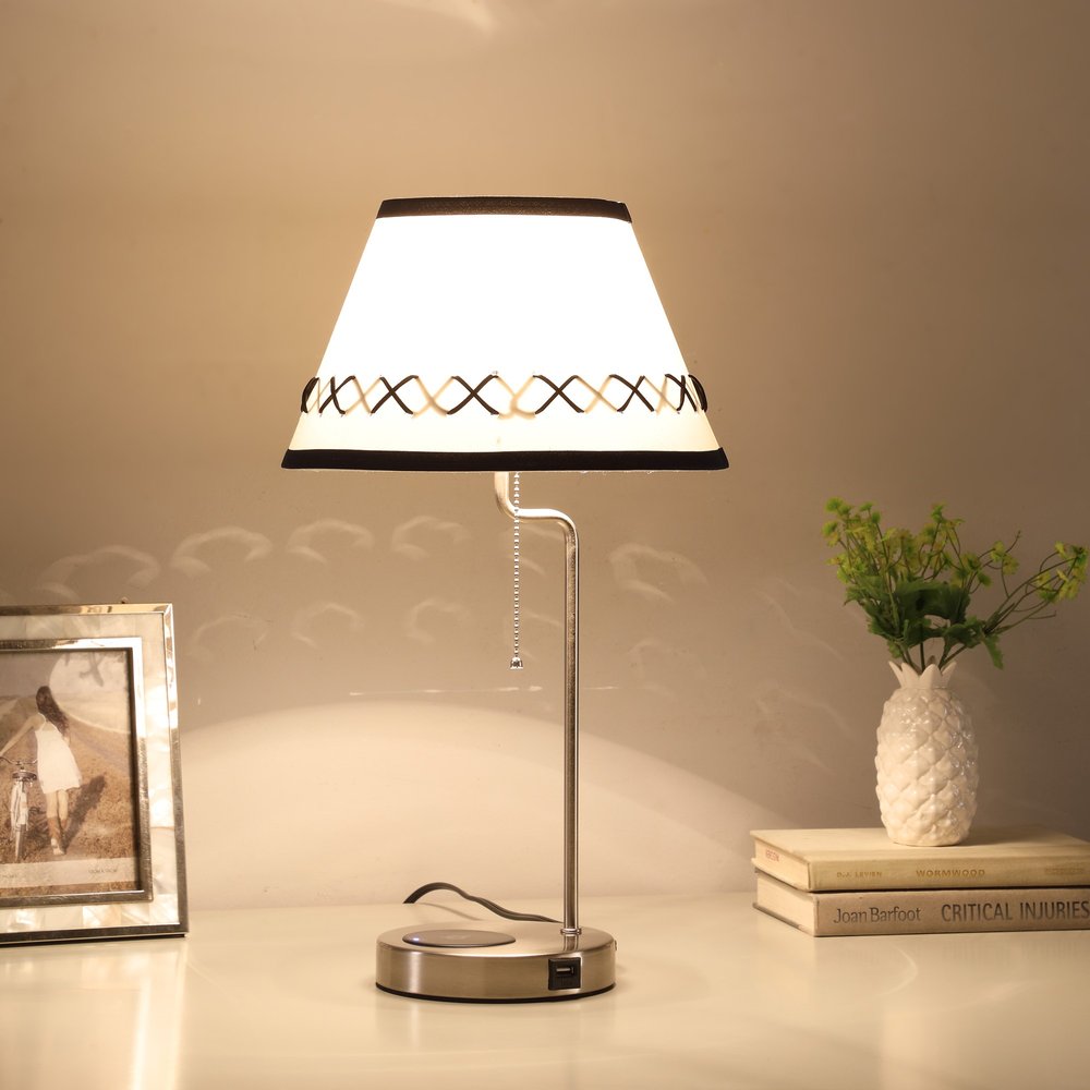 20" Silver Bedside Table Lamp With Off White Empire Shade — view 4