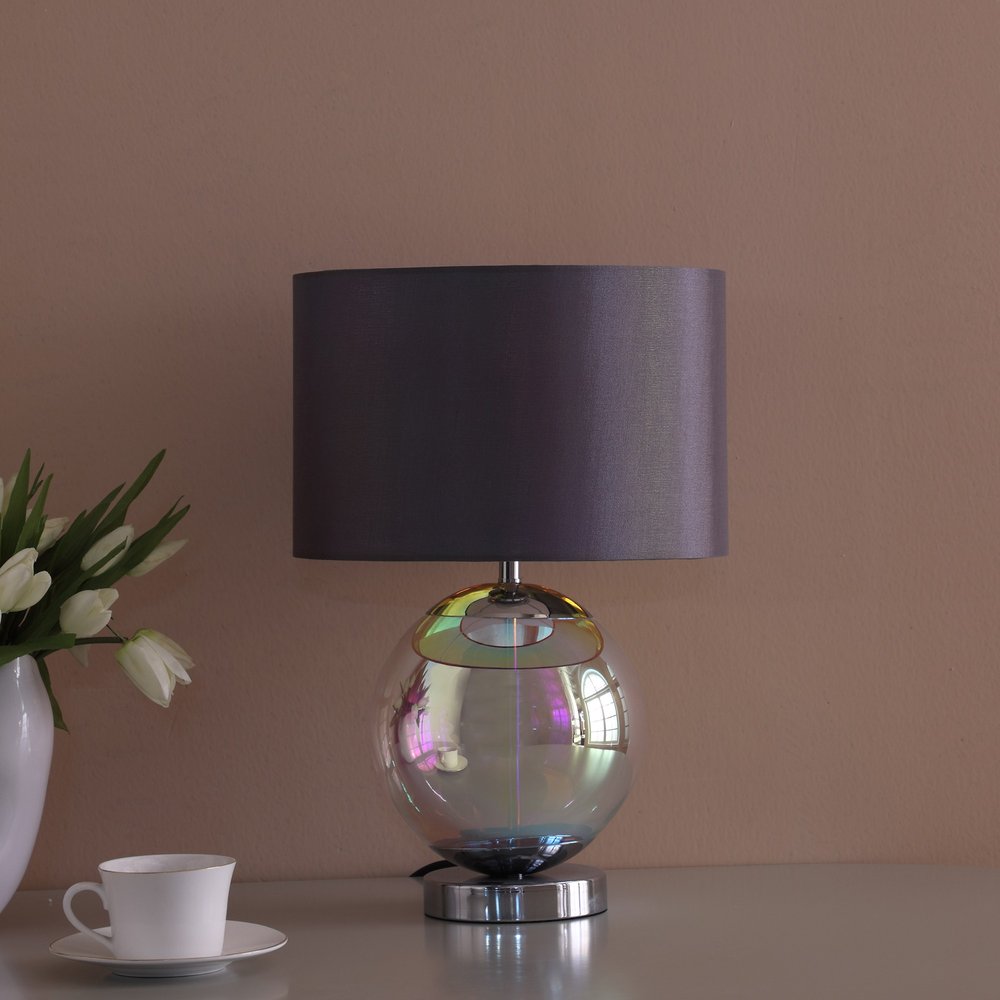 19" Iridescent Glass Globe Table Lamp With Gray Classic Drum Shade HomeRoots