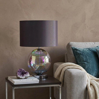 19" Iridescent Glass Globe Table Lamp With Gray Classic Drum Shade HomeRoots