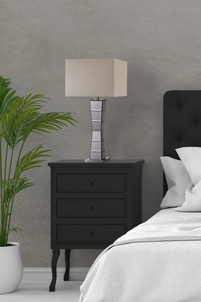Black Glass Tower Table Lamp with Beige Fabric Shade HomeRoots