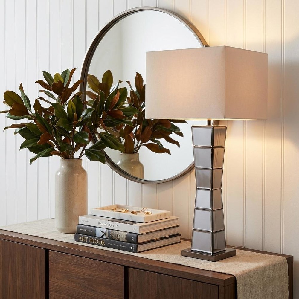 Black Glass Tower Table Lamp with Beige Fabric Shade HomeRoots