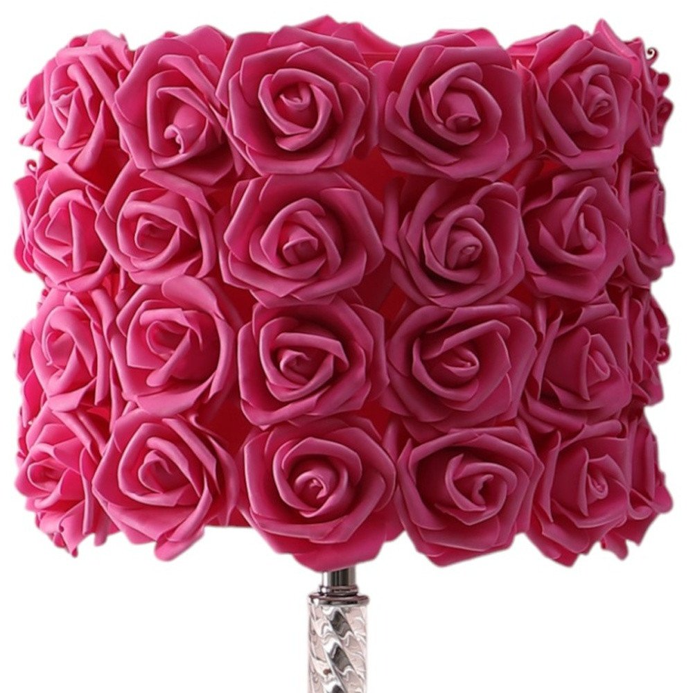 18" Silver Bedside Led Table Lamp With Red Flowers Drum Shade HomeRoots