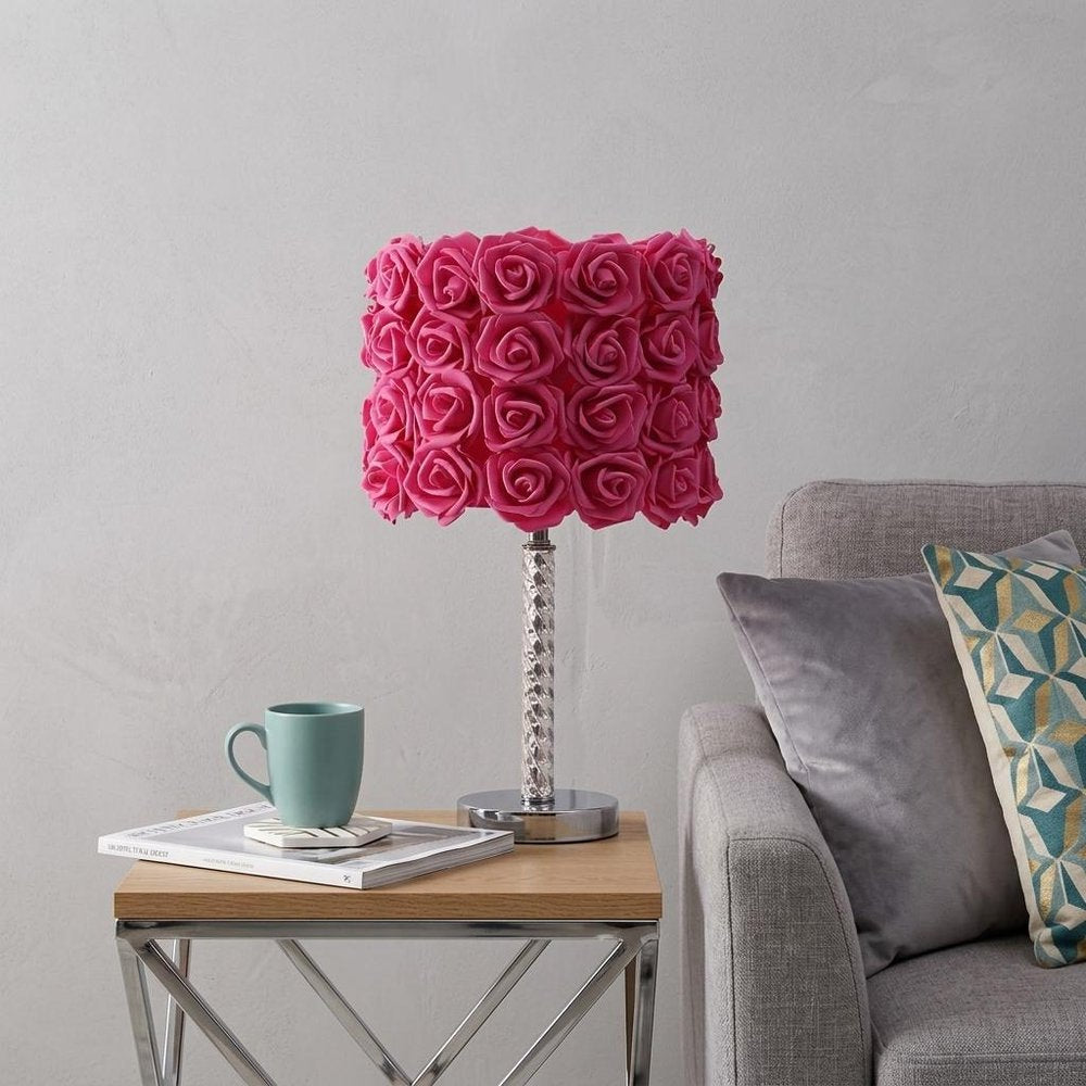 18" Silver Bedside Led Table Lamp With Red Flowers Drum Shade HomeRoots