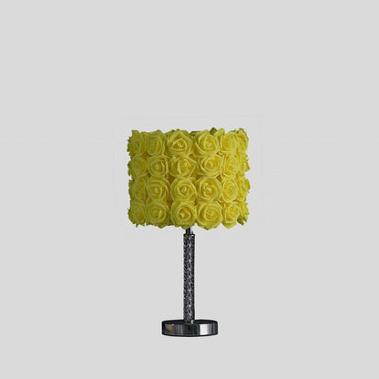 18" Silver Bedside Table Lamp With Yellow Flowers Drum Shade HomeRoots