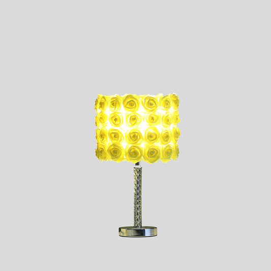 18" Silver Bedside Table Lamp With Yellow Flowers Drum Shade HomeRoots