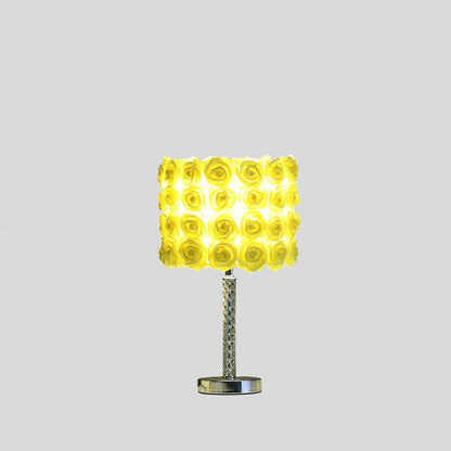 18" Silver Bedside Table Lamp With Yellow Flowers Drum Shade HomeRoots