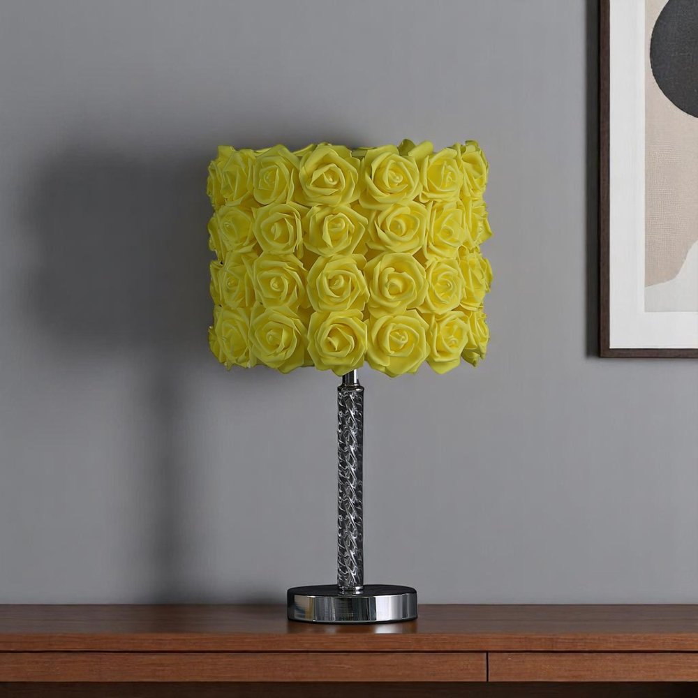 18" Silver Bedside Table Lamp With Yellow Flowers Drum Shade — view 8