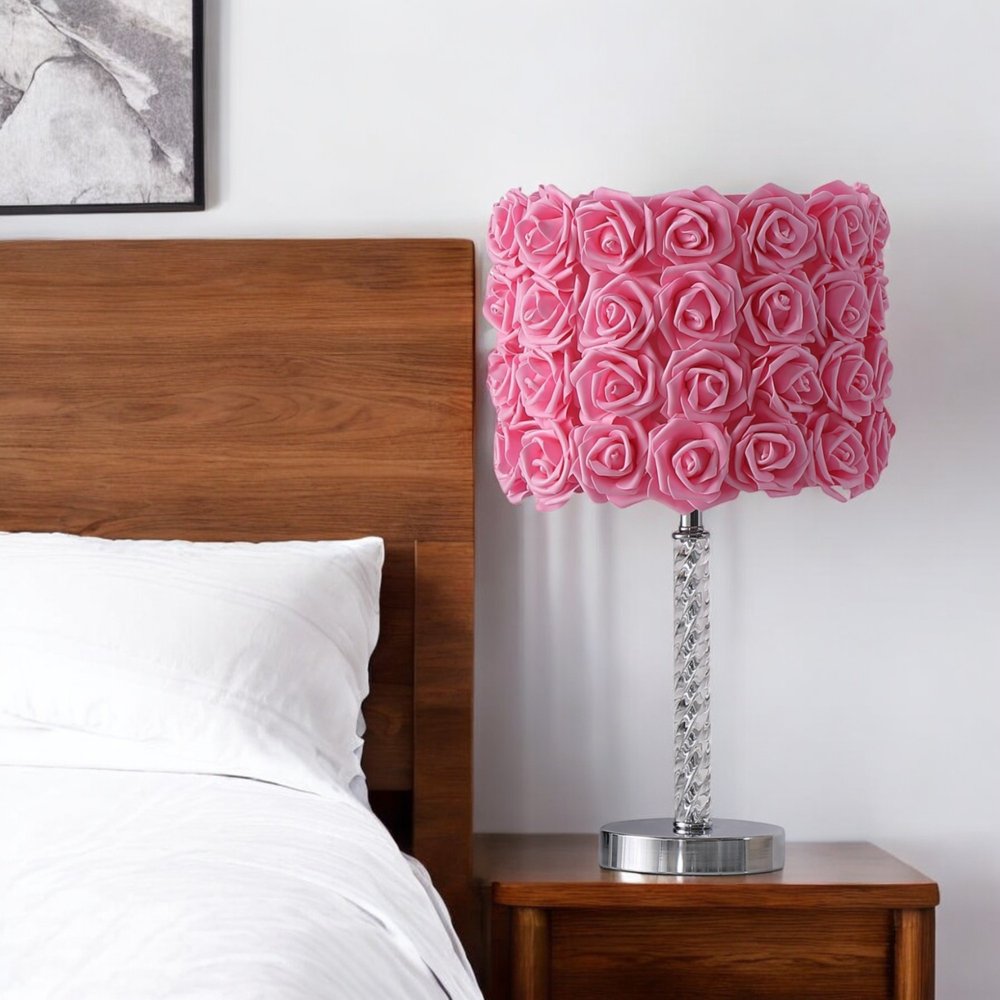 18" Silver Bedside Table Lamp With Yellow Flowers Drum Shade — view 15