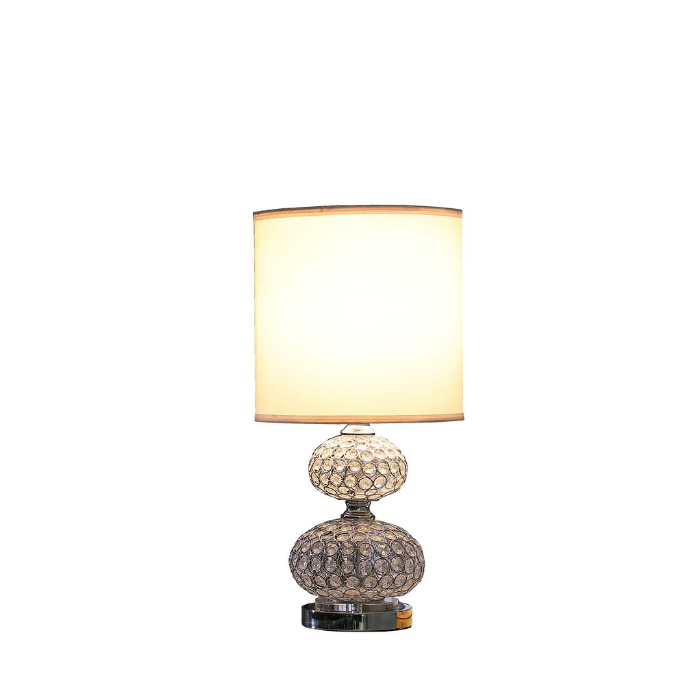 24" Chrome and Faux Crystal Double Orb Table Lamp With White Classic Drum Shade — view 2