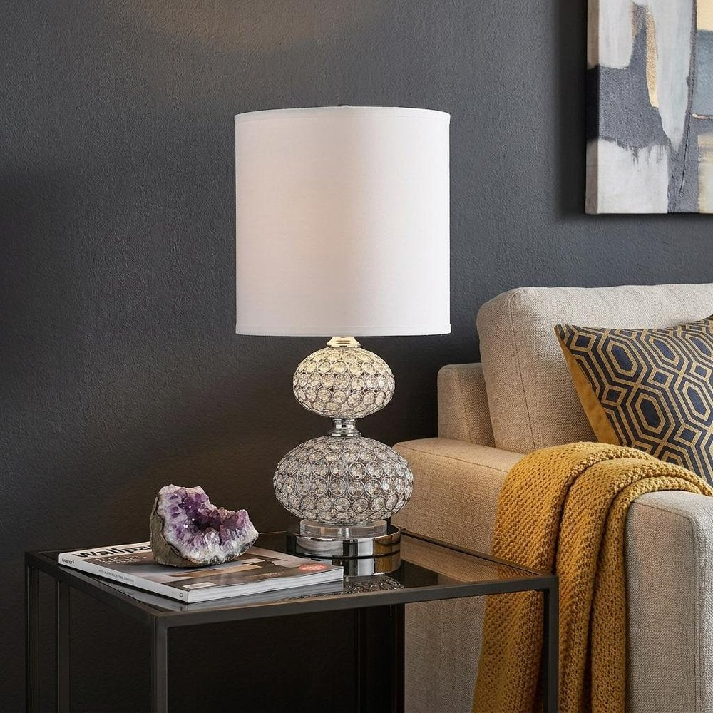 24" Chrome and Faux Crystal Double Orb Table Lamp With White Classic Drum Shade HomeRoots