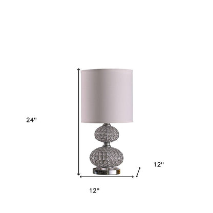 24" Chrome and Faux Crystal Double Orb Table Lamp With White Classic Drum Shade HomeRoots