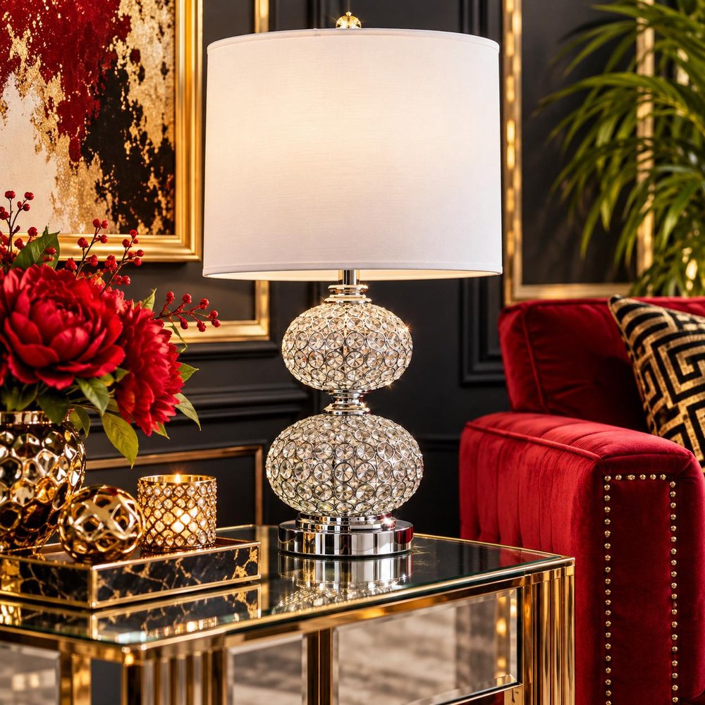 24" Chrome and Faux Crystal Double Orb Table Lamp With White Classic Drum Shade — view 5
