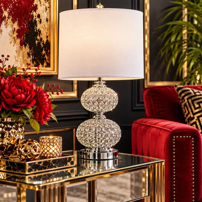 24" Chrome and Faux Crystal Double Orb Table Lamp With White Classic Drum Shade