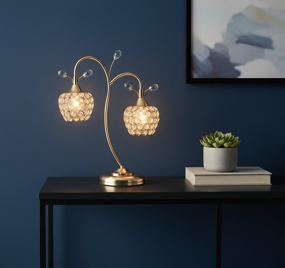 17" Gold Two Light Bedside Table Lamp With Clear Novelty Shade HomeRoots