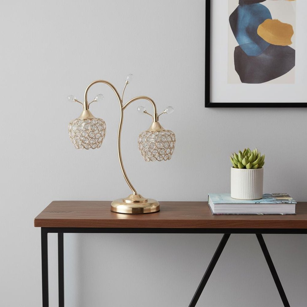 17" Gold Two Light Bedside Table Lamp With Clear Novelty Shade — view 2