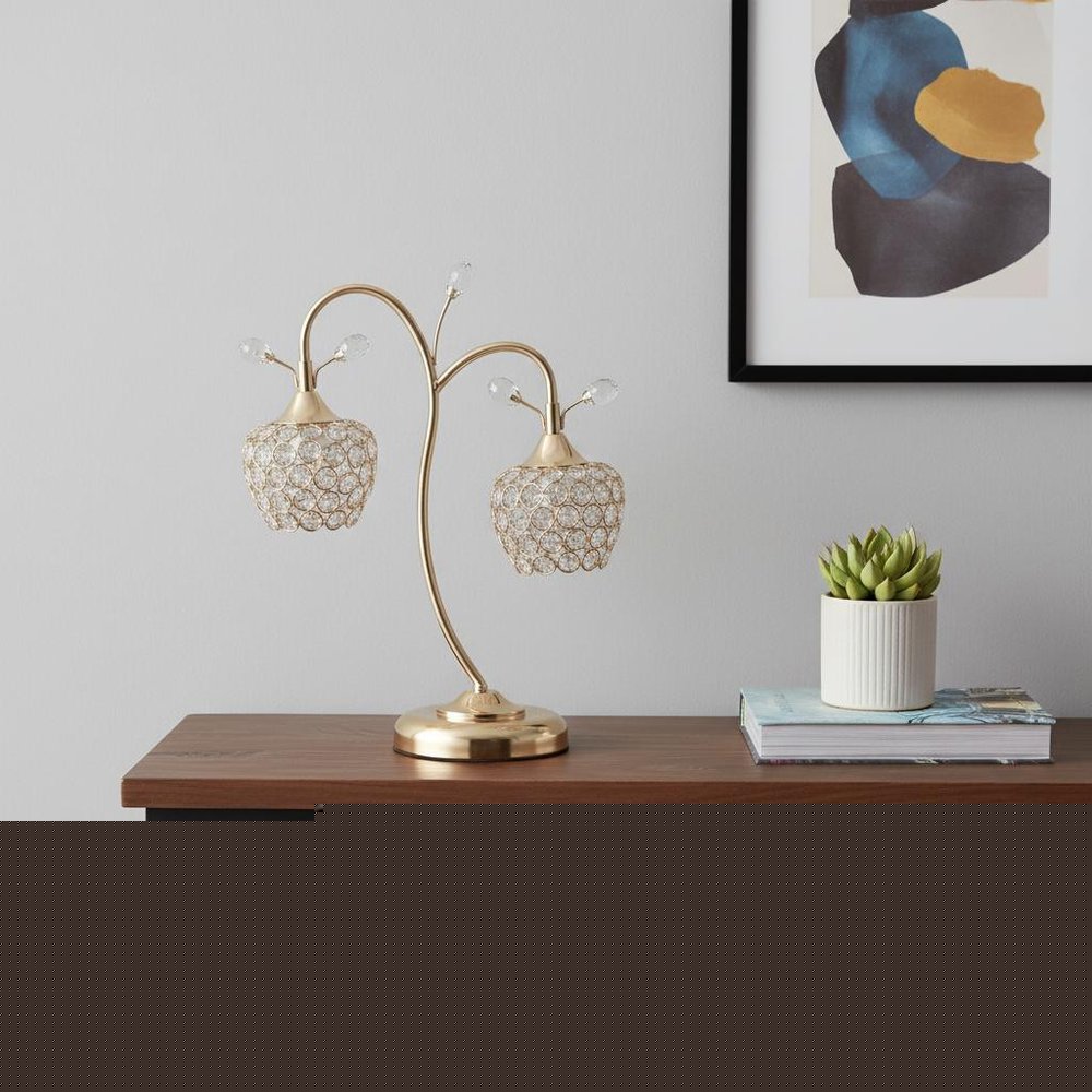 17" Gold Two Light Bedside Table Lamp With Clear Novelty Shade HomeRoots