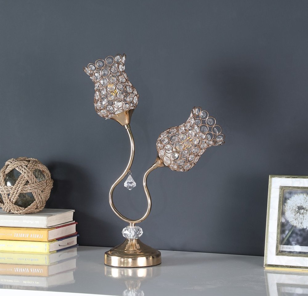 19" Gold Two Light Bedside Table Lamp With Clear Novelty Shade HomeRoots