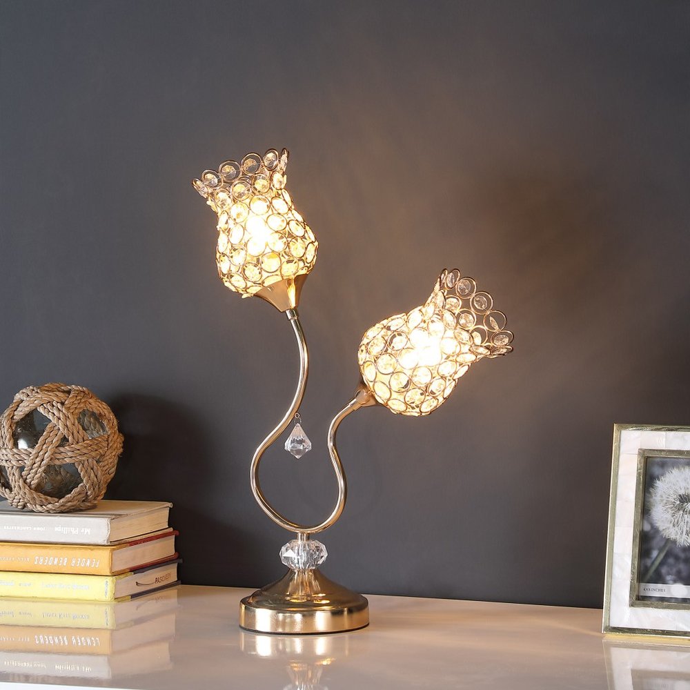 19" Gold Two Light Bedside Table Lamp With Clear Novelty Shade HomeRoots