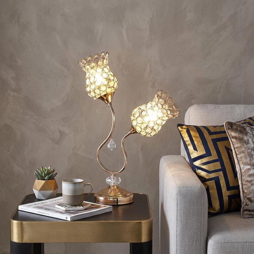 19" Gold Two Light Bedside Table Lamp With Clear Novelty Shade HomeRoots