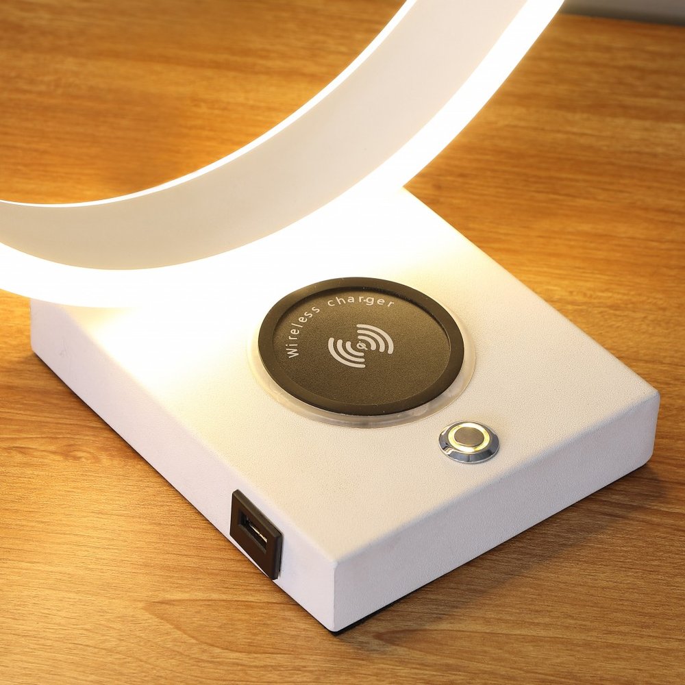 14" White Metal LED with USB Wireless Charger Table Lamp HomeRoots
