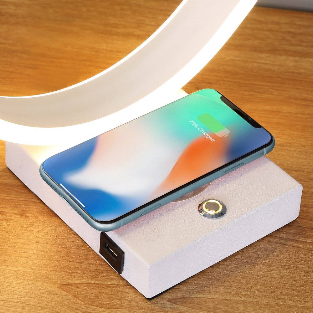 14" White Metal LED with USB Wireless Charger Table Lamp HomeRoots