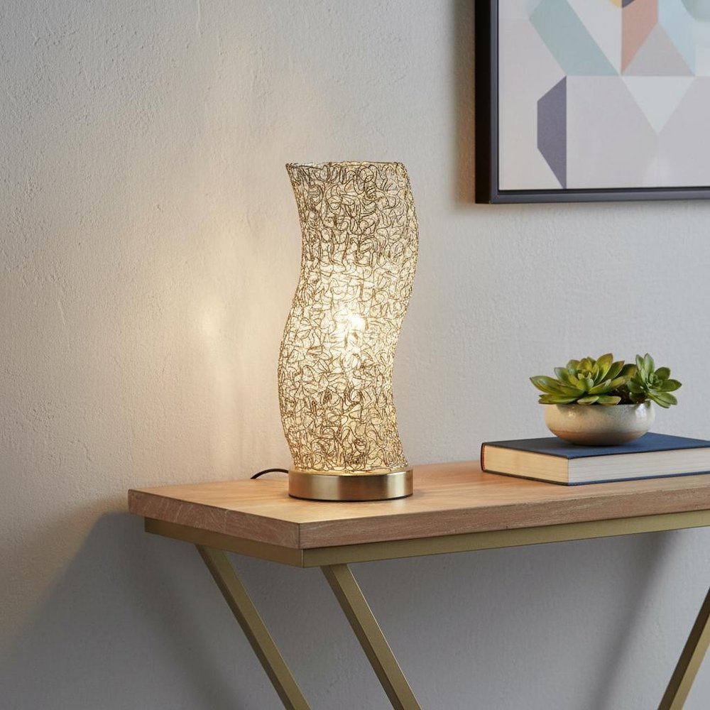 12" Silver Bedside Table Lamp With Silver Swirl Novelty Shade HomeRoots