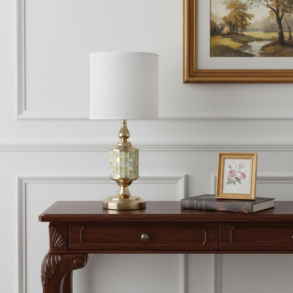 23" Gold Bedside Table Lamp With White Drum Shade — view 6