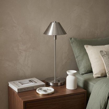 17" Silver Metal Bedside Table Lamp With Silver Cone Shade HomeRoots