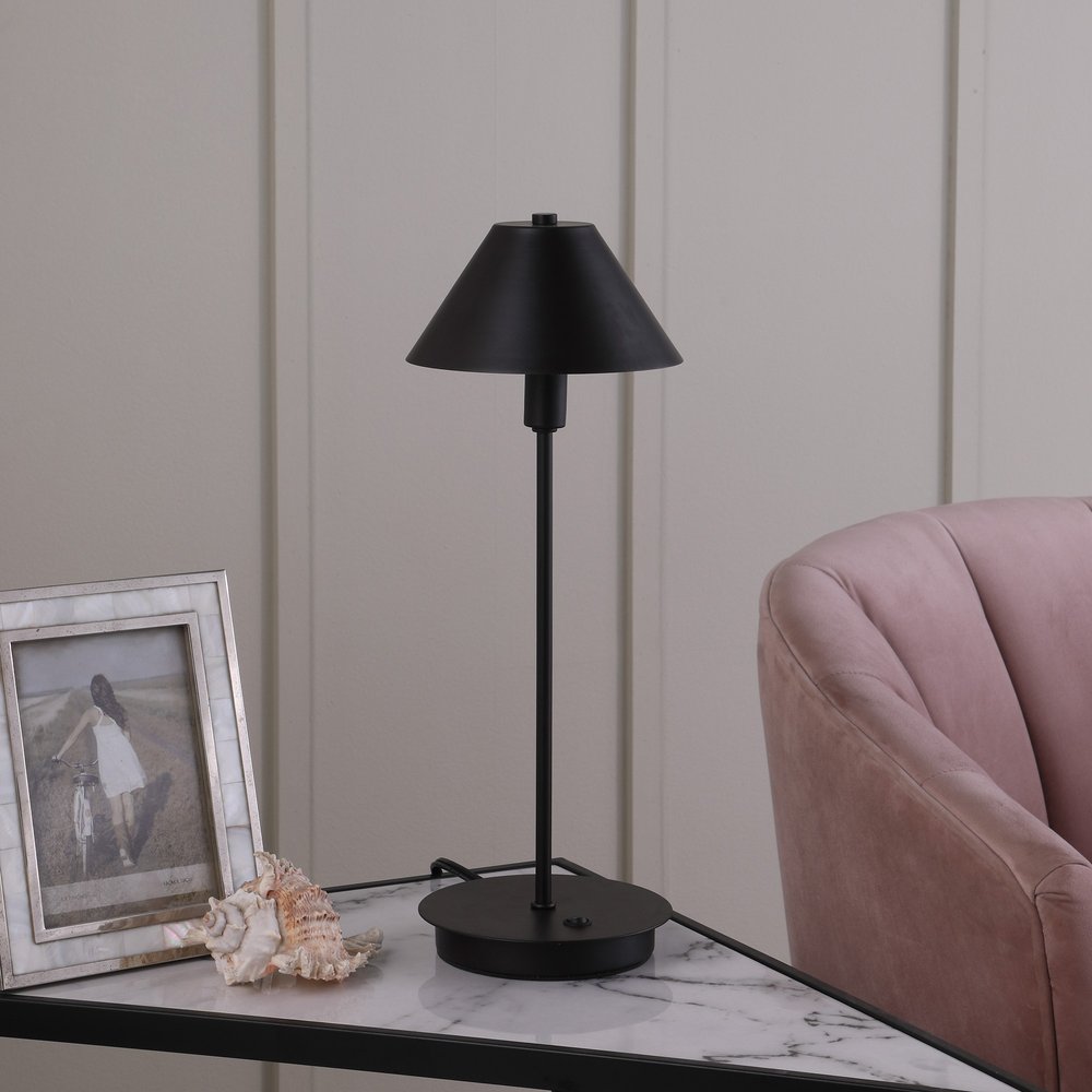 18" Black Metal Bedside Table Lamp With Black Cone Shade HomeRoots