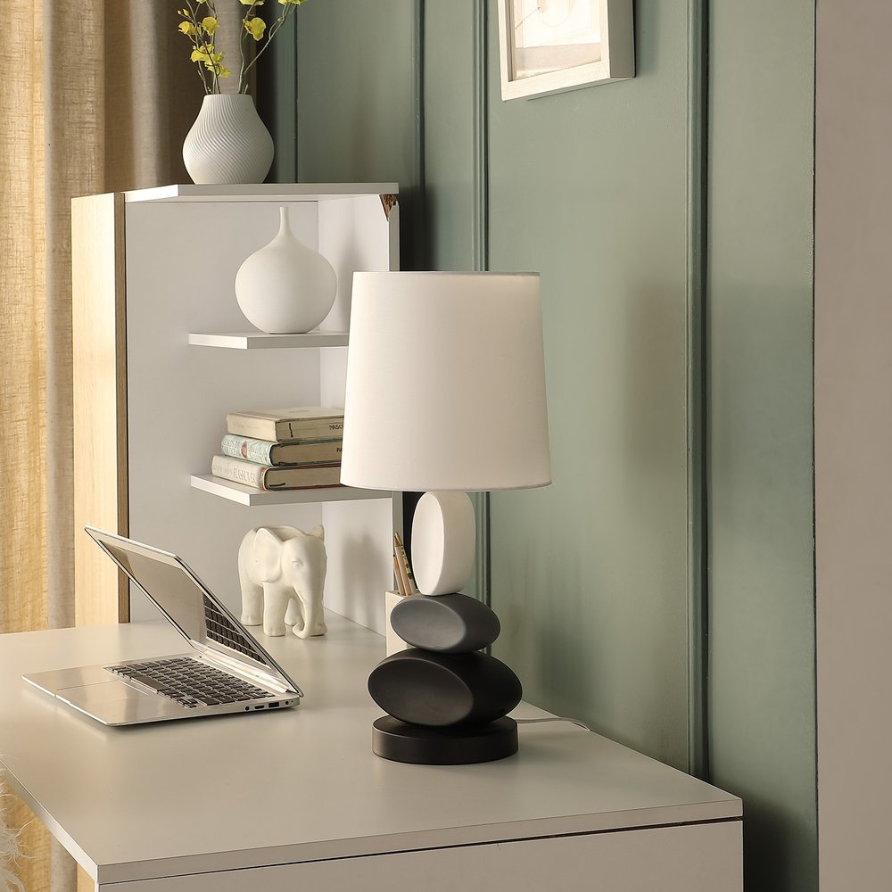 19" Black Gray and White Metal Table Lamp With White Drum Shade HomeRoots