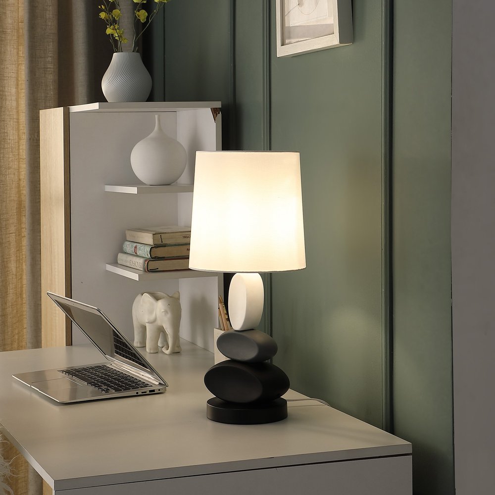 19" Black Gray and White Metal Table Lamp With White Drum Shade HomeRoots